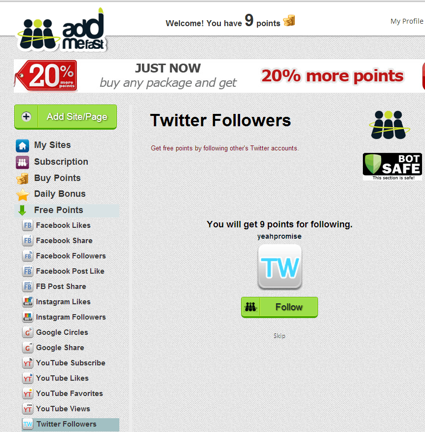 AddMeFast homepage screenshot