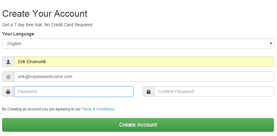 screenshot of creating an account at Luckyorange.com