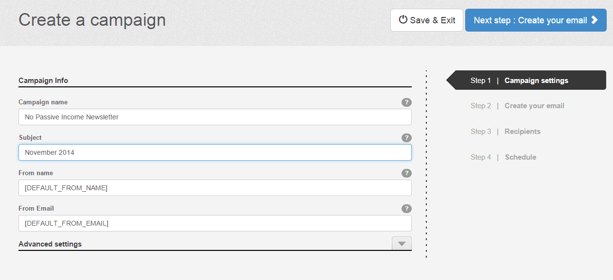 Screenshot of creating your first campaign with SendinBlue