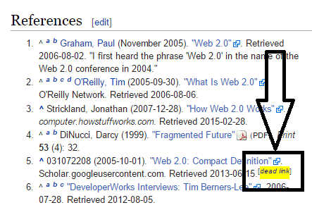 dead link example on Wikipedia