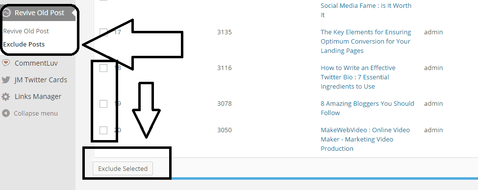 exclude posts option at revive old post plugin - screenshot
