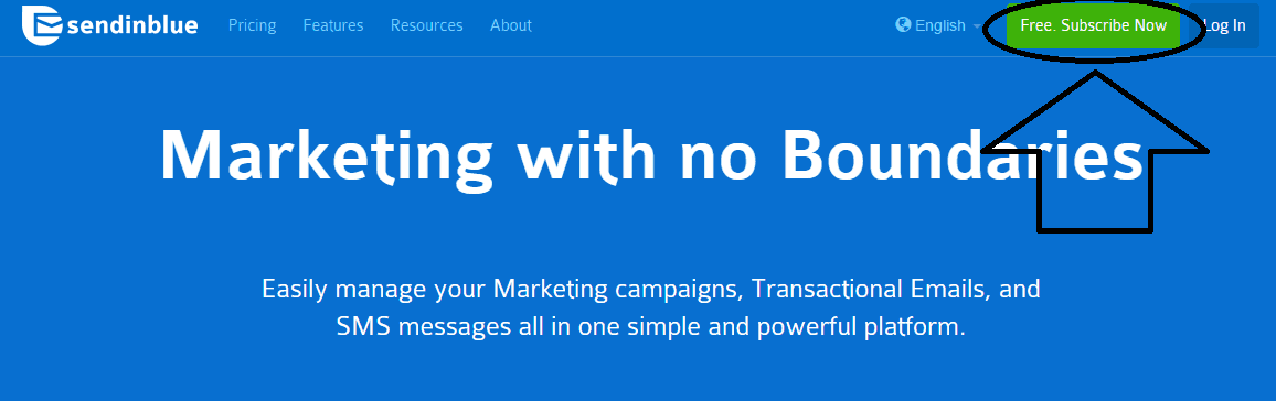 homepage screenshot for SendinBlue with circle on registration