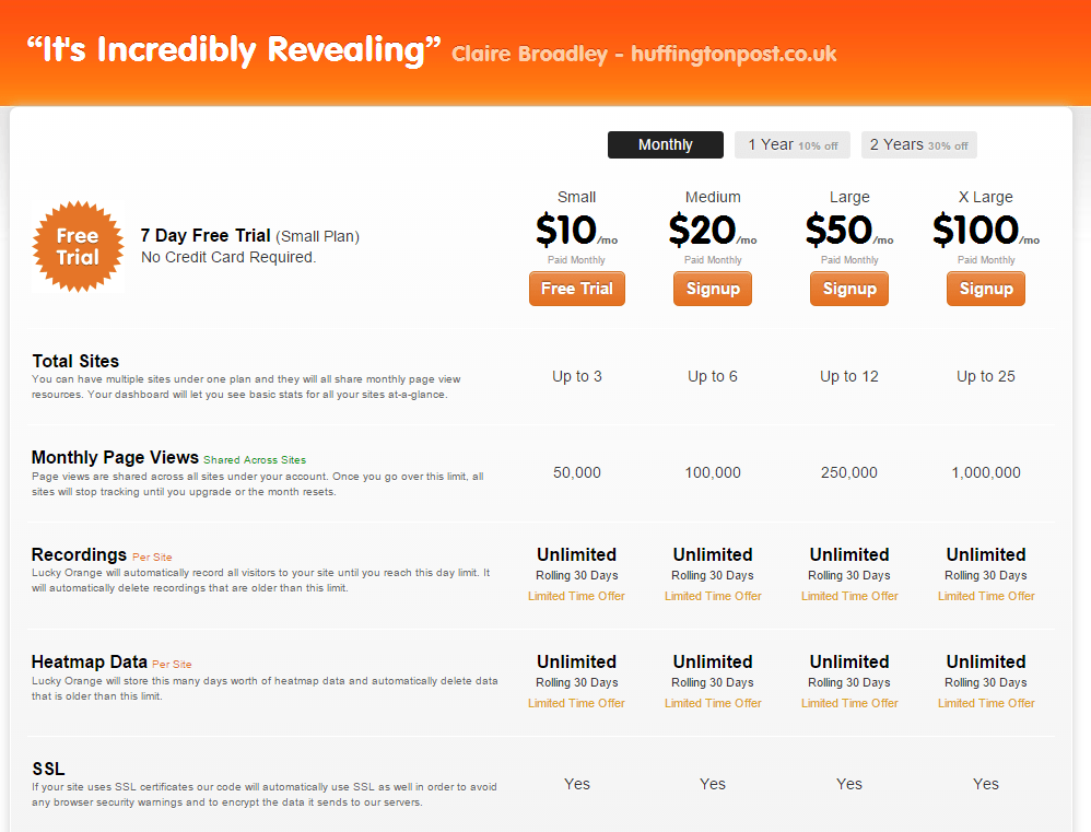 luckyorange pricing screenshot