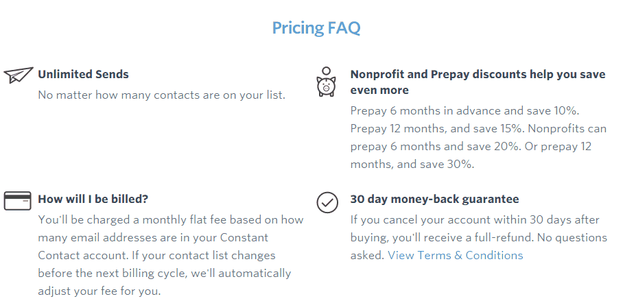 "Pricing Faq" screenshot at ConstantContact homepage