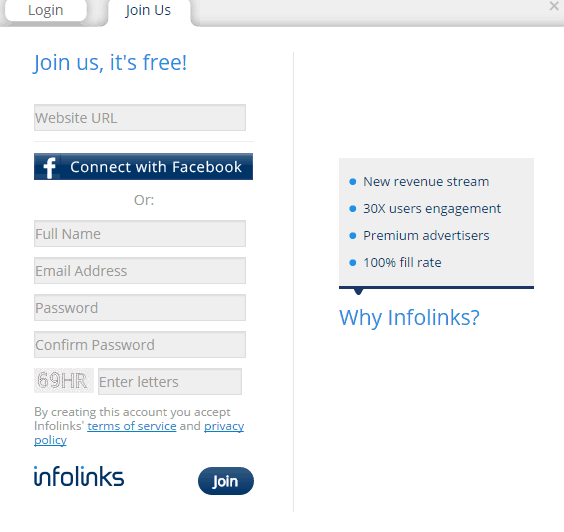 registration form at Infolinks - screenshot