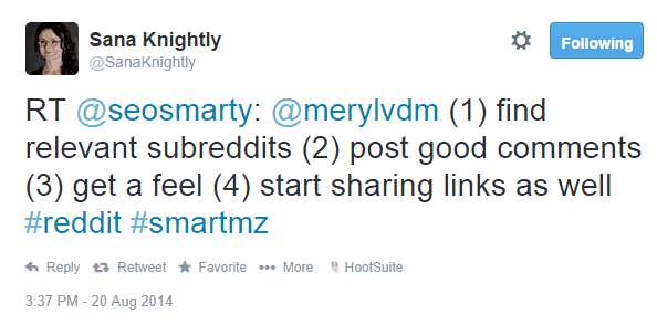 Sana Knightly tweet about getting traffic from Reddit