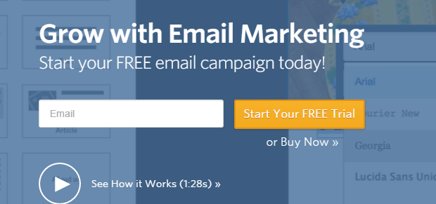 Sign up form at ConstantContact homepage - screenshot