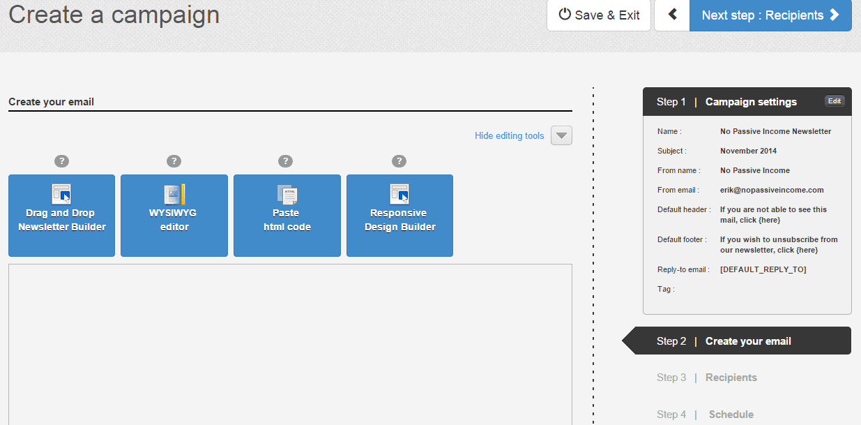 Screenshot of step n. 2 of creating campaign with SendinBlue